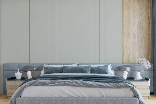 istock Front view of a gray bedroom with a double bed and decoration 2160085921