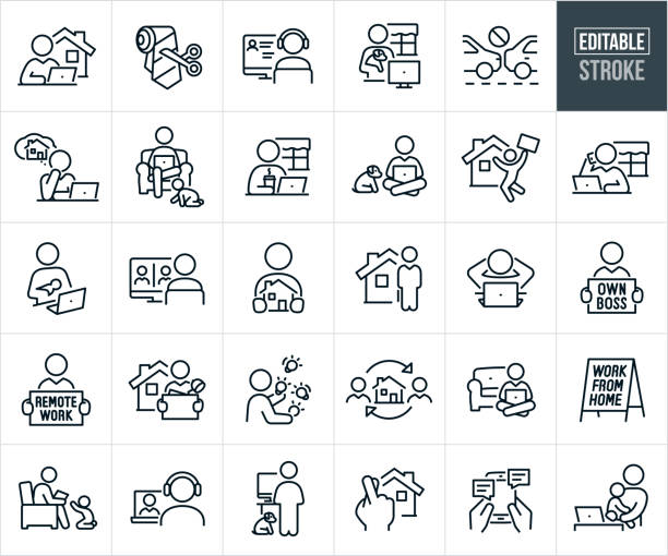 Work From Home, Remote Work And Telecommuting Thin Line Icons - Editable Stroke A set of work from home, remote work and telecommuting icons that include editable strokes or outlines using the EPS vector file. The icons include a business person working on computer from home, scissors cutting a tie to represent working from home, person working at computer from home, worker holding dog working from computer at home, no commuting, business person daydreaming about working from home while working at laptop computer, woman seated at home working on computer while toddler crawls on floor at her feet, person on computer drinking coffee working from home, business person with briefcase jumping for joy to be working from home, business person telecommuting by working from home, woman holding baby as she works from her computer at home, person on a videoconference call while working from home, person doing remote work from home relaxing with hands behind his head while at the computer, self employed person holding a sign reading "Own Boss," self employed person multitasking represented by him juggling, woman holding baby on hip as she works at her computer from home and other related icons. distracted people stock illustrations