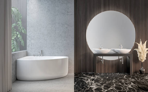 istock Empty elegant luxury bathroom interior with dark hardwood paneled wall background, a round mirror and two washbasin countertops, a white corner bathtub, and with decoration 2160086669
