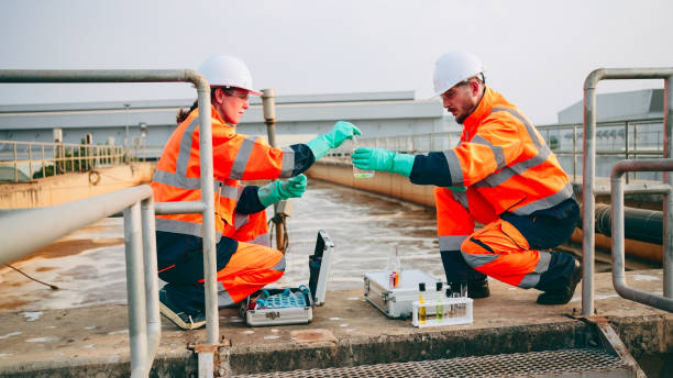 istock Employees check water quality in wastewater treatment plants. 2160088022