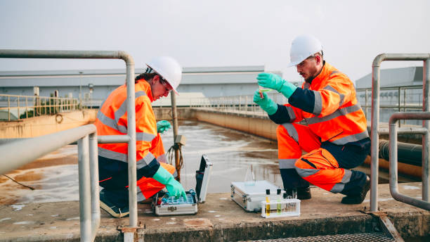 istock Employees check water quality in wastewater treatment plants. 2160088032