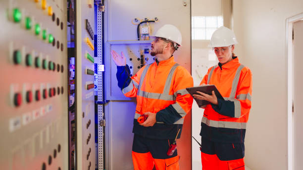 istock Professional industrial engineers operating in electricity substation. 2160088064