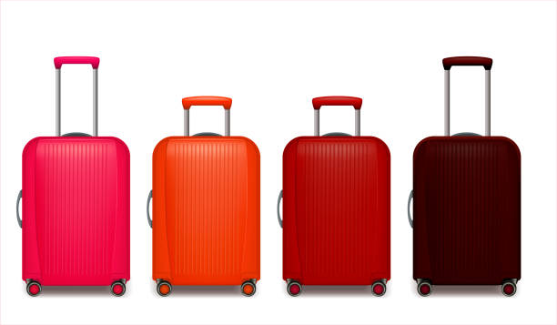 istock Set of Realistic red wheeled travel bags with hand. 2160089354