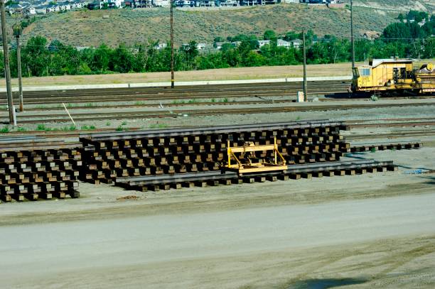 Kamloop, Canada - 22nd June 2023:Yellow lifting block attached to the replacement railway sections of track