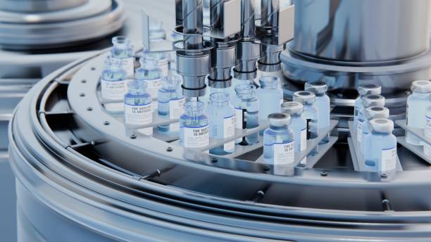 Drug manufacturing process. Line with medical ampoules line at a modern pharmaceutical plant. Pharmacology production, medicine industry from laboratory factory, pharmacy. Healthcare pharma 3D render proceso de fabricación de medicamentos. línea con línea de ampollas médicas en una moderna planta farmacéutica. producción de farmacología, industria de medicamentos desde fábrica de laboratorio, farmacia. renderizado 3d de la industria farmacéuti