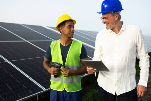 istock Manager and his worker inspecting the work of the solar energy system 2160096306