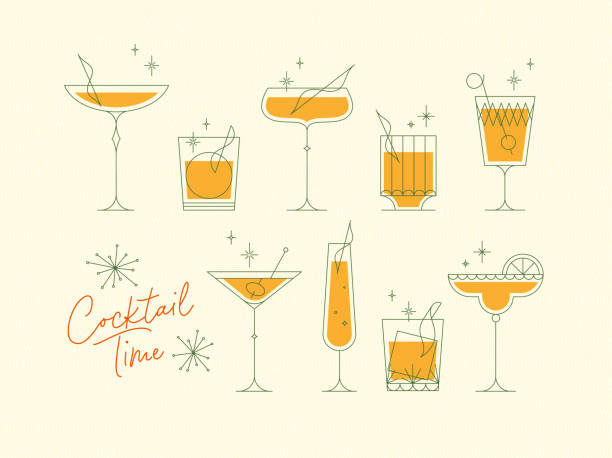 illustrazioni stock, clip art, cartoni animati e icone di tendenza di set da cocktail con bicchieri in stile retrò giallo - cocktail