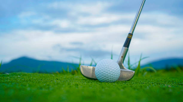 istock Golf ball and wooden driver on green grass background. 2160099538