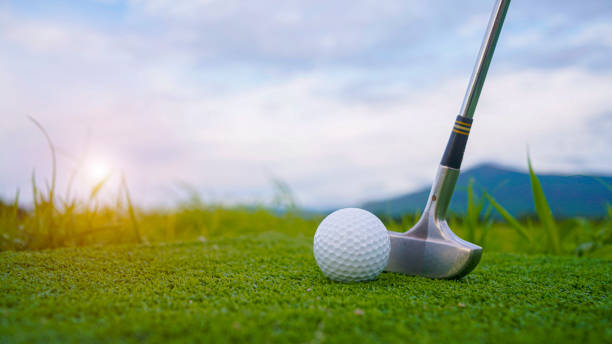 istock Golf ball and wooden driver on green grass background. 2160099542