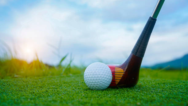 istock Golf ball and wooden driver on green grass background. 2160099556