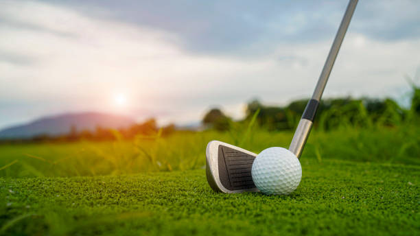 istock Golf ball and wooden driver on green grass background. 2160099571