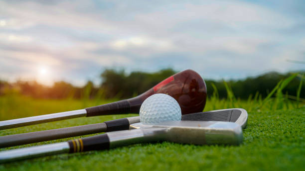 istock Golf ball and wooden driver on green grass background. 2160099619