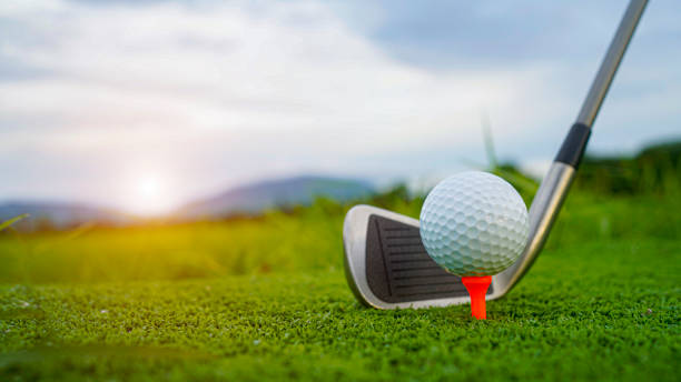 istock Golf ball and wooden driver on green grass background. 2160099668