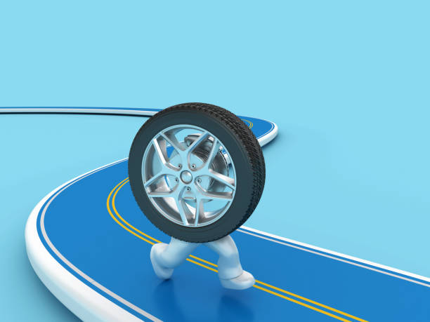 istock 3D Wheel on Cartoon Legs Running on Road 2160100403