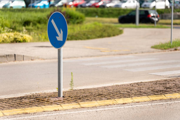 Keep right traffic sign with pedestrian crossing in summer.
