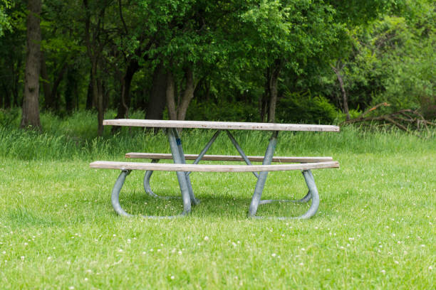 istock Park Picnic table bench rest relax outdoors. Benches and tables on green grass in recreational area. 2160106882