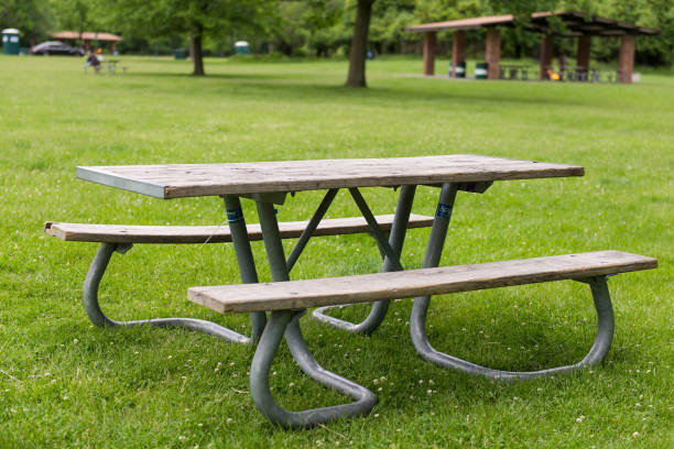 istock Park Picnic table bench rest relax outdoors. Benches and tables on green grass in recreational area. 2160106903