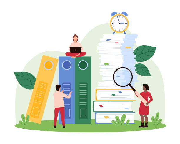 Organizing Documents and Reports concept Team organizes documents and reports, using large binders and a magnifying glass. Scene includes workers with laptops and clocks, emphasizing efficient document management vector illustration bureaucracy stock illustrations