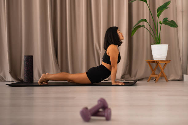 istock Violet dumbbells on a black mat 2160120412