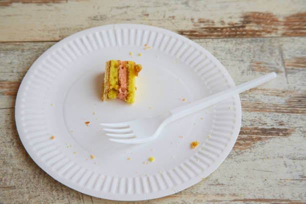 istock Leftover small piece of layered sponge cake on a white disposable plate with a disposable fork on a wooden table 2160124410