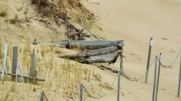 A weathered wooden structure lies partially buried in sandy dunes, surrounded by sparse vegetation and wooden posts. Curonian dunes, Lithuania