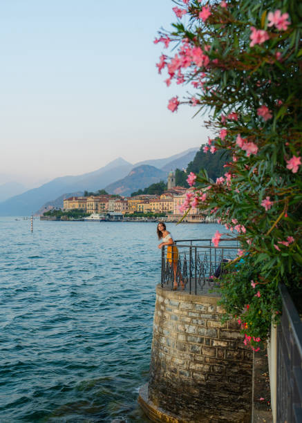 Woman exploring Bellagio at lake Como  in summer