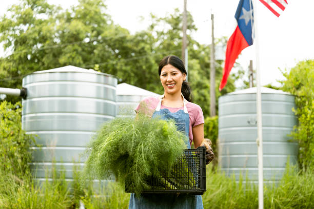 Farmer portrait in front of rain water collection system