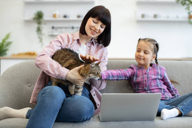 istock Mother and daughter with cat using laptop on couch 2160132214