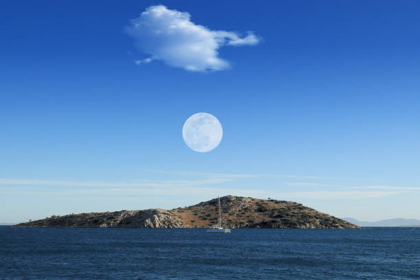 Boat, island, full moon, sea