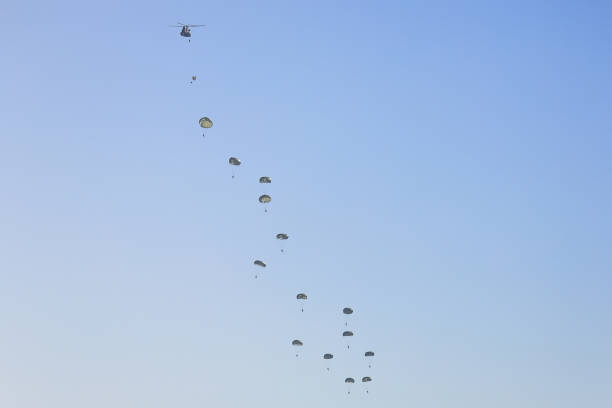 Ankara, Türkiye - October 29, 2008 : A Turkish soldier parachuting and raising a flag on October 29 Republic Day