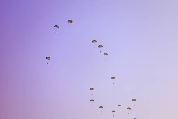 Parachutist waving a flag with the Chilean coat of arms in the sky