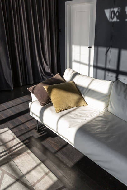 istock stylish expensive minimalistic interior dark contrast living room with white sofa with sunlight without people 2160136379