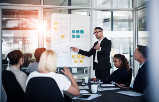 istock Whiteboard, man and conference with staff in office for workflow steps, diagram or teamwork for web design. Male presenter, developer and meeting of strategy process, chart and interface feedback 2160150874