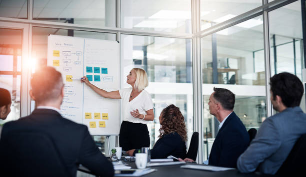 istock Woman, presentation and whiteboard with staff in office for workflow steps, diagram and teamwork for web design. Female speaker, people and project meeting of strategy process, chart and sticky note 2160150882