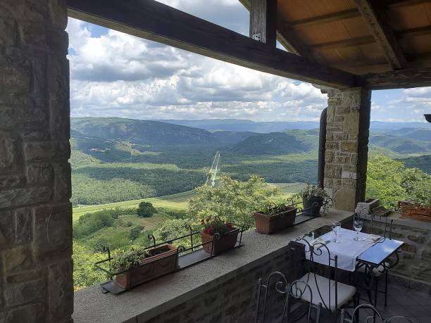 istock Mountain top view from outdoor restaurant. 2160152335