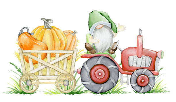istock Gnome, tractor, pumpkins. Watercolor hand-drawn clipart, 2160160742