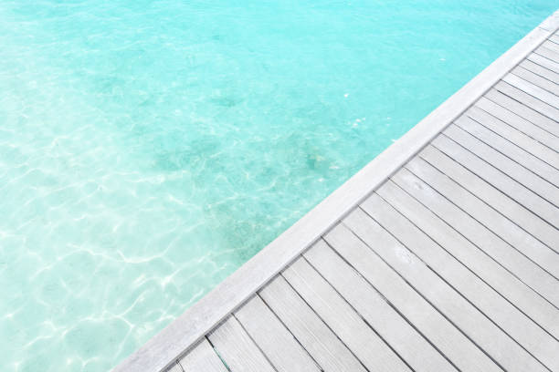 Boardwalk with turquoise sea water copy space scene