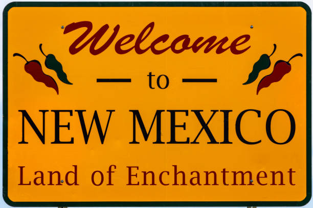 New Mexico sign, welcome to New Mexico, Land of Enchantment, at New Mexico/Colorado state line, at U.S. Route 550, close up view.