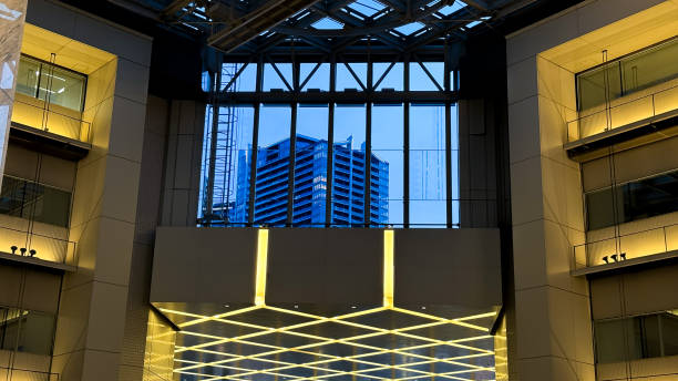 Pedestrian bridge in city with modern office buildings around, skyscrapers, Sydney NSW, background with copy space, full frame horizontal composition