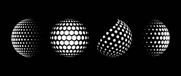 White halftone pattern sphere collection. Hexagon wireframe 3d circle set. Grid globe element bundle. Round dotted shape pack for tech poster, banner, cover, emblem, leaflet. Vector illustration White halftone pattern sphere collection. Hexagon wireframe 3d circle set. Grid globe element bundle. Round dotted shape pack for tech poster, banner, cover, emblem, leaflet. Vector illustration sphere grid stock illustrations
