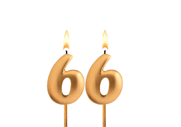 Birthday number 66 - Golden candle on white background
