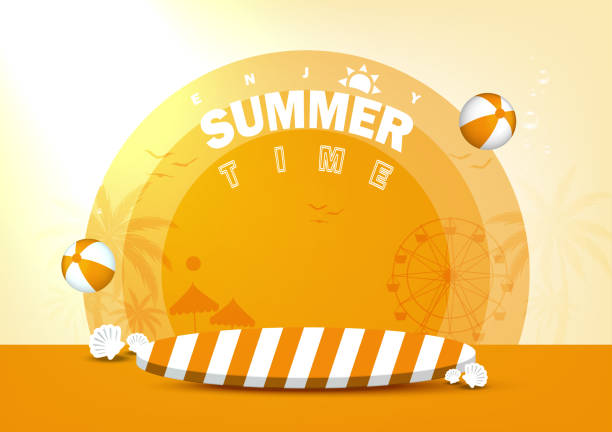 Yellow stripe patterns pedestal for Summer advertising product with beach balls, shells, beach party silhouette scene on beach background. Abstract background. Vector illustration.