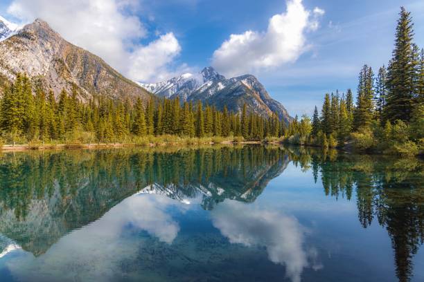 Reflections On Mount Lorette Ponds A cloudy blue sky and mountains reflecting on a calm lake in Kananaskis Country in the summer. canadian rockies stock pictures, royalty-free photos & images