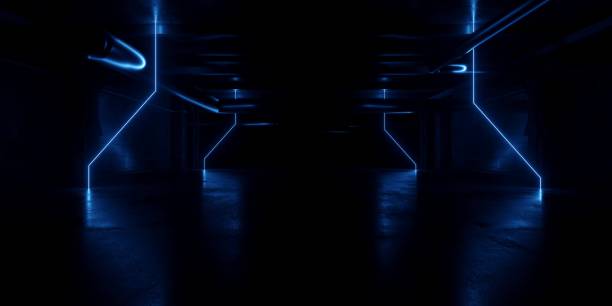 istock Blue Neon Laser Vibrant Sci Fi Modern Cement Concrete Garage Warehouse Bunker Underground Storage Podium Stage Realistic Tunnel Corridor Glowing Lights Cyber Empty Big Dark Background 3D Rendering 2160181784