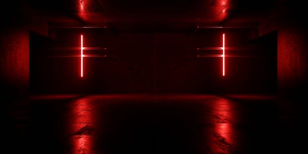 istock Red Neon Laser Vibrant Sci Fi Modern Cement Concrete Garage Warehouse Bunker Underground Storage Podium Stage Realistic Tunnel Corridor Glowing Lights Cyber Empty Big Dark Background 3D Rendering 2160181910