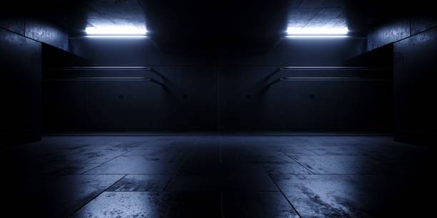 istock Sci Fi Modern Cement Concrete Garage Warehouse Bunker Underground Storage Podium Stage Realistic Tunnel Corridor Glowing Lights Cyber Empty Big Dark Background 3D Rendering 2160181926