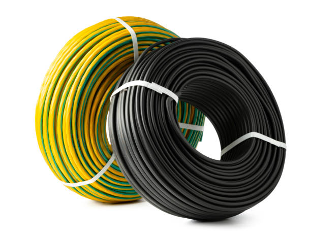 istock Yellow And Black Electrical Wire Spools Isolated On White Background 2160183116