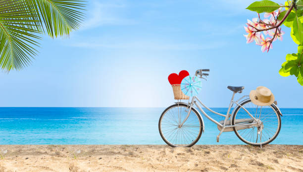 istock Bicycle on tropical beach, summer concept background 2160187396