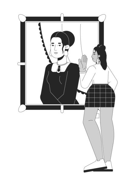 Curvy latina woman looking at mona lisa painting black and white 2D line cartoon character Curvy latina woman looking at mona lisa painting black and white 2D line cartoon character. Hispanic female enjoying famous artwork isolated vector outline person. Monochromatic flat spot illustration mona lisa stock illustrations