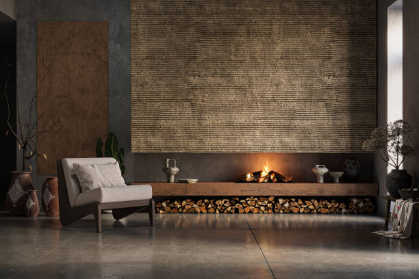 istock Dark Wabi sabi style interior with fireplace and dark concrete walls. Wall mockup, 3d rendering 2160192329